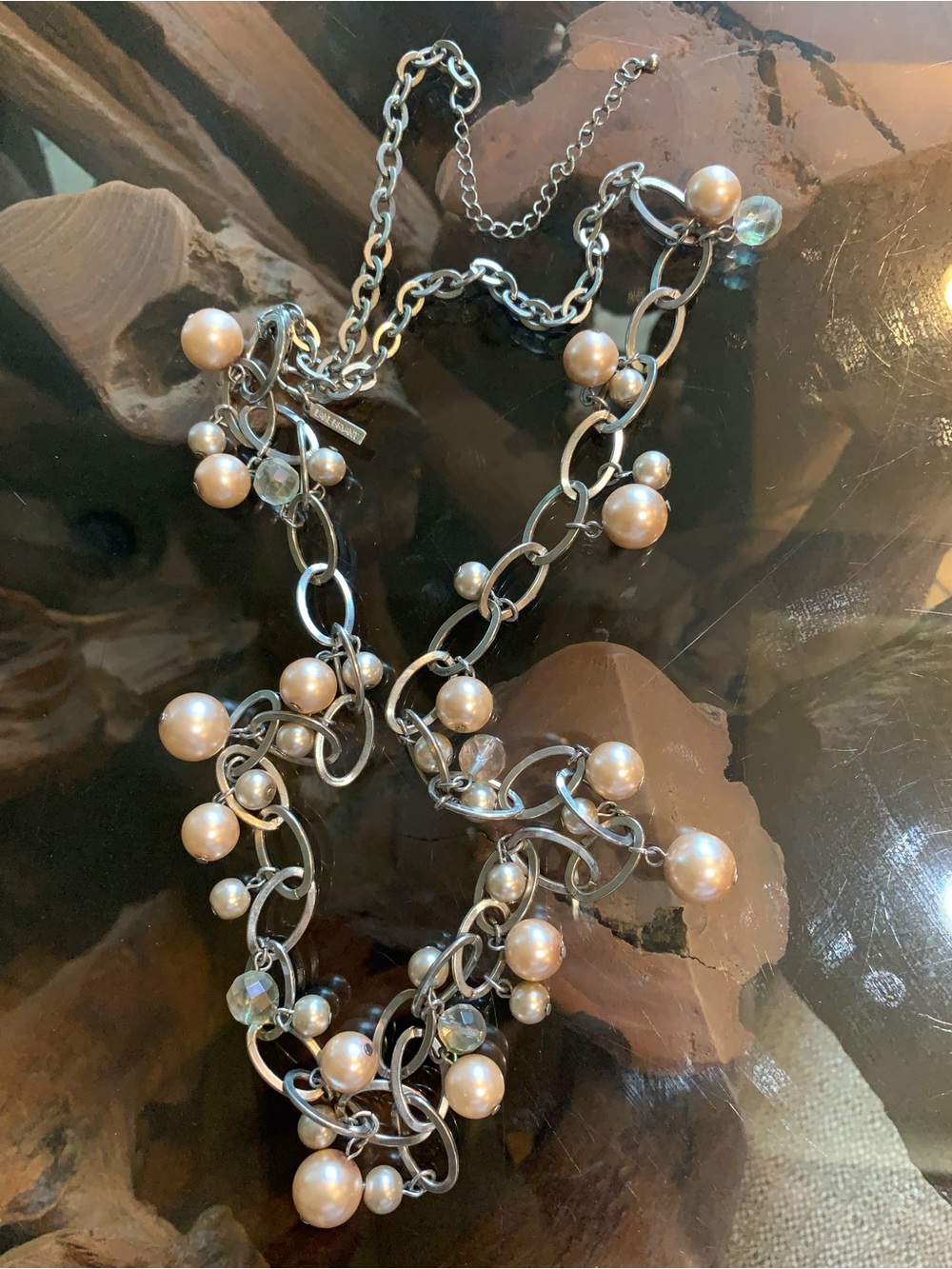 Silver Chain Pearl Cluster Necklace - Pink Pearls